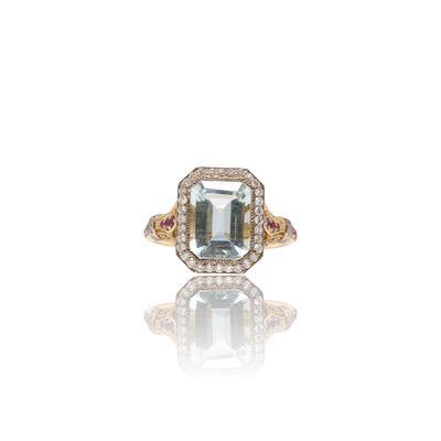 14CT Yellow Gold Aquamarine Ruby and Diamond Ring
