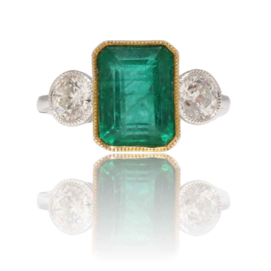 Platinum Emerald and Diamond trilogy ring