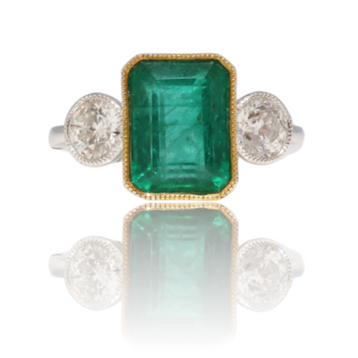 Platinum Emerald and Diamond trilogy ring