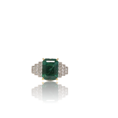18ct white gold Art Deco style emerald and diamond ring