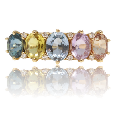18ct yellow gold (No heat) rainbow Sapphire  and diamond straight eternity ring