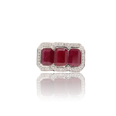 14ct white gold trilogy ruby and diamond ring