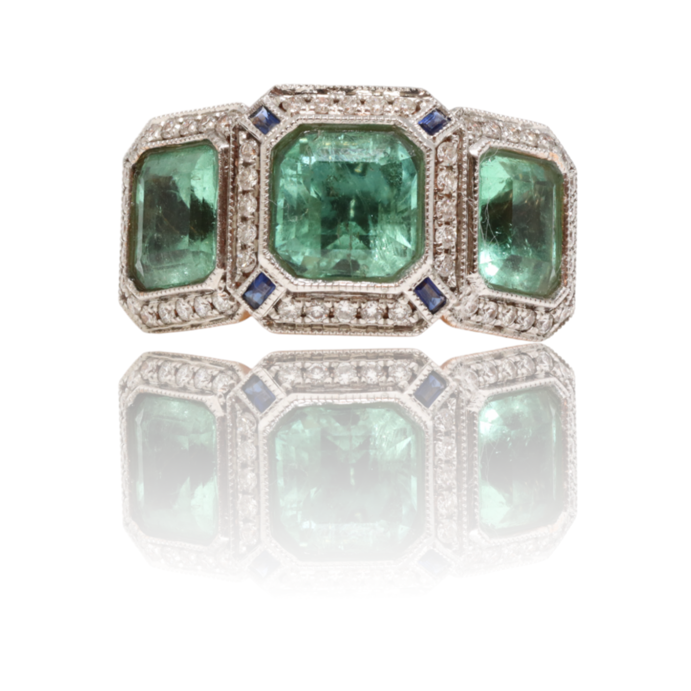 18CT rose gold Trilogy Colombian Emerald, Blue Sapphire and Diamond ring