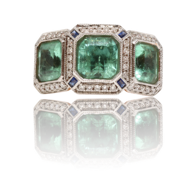 18CT rose gold Trilogy Colombian Emerald, Blue Sapphire and Diamond ring