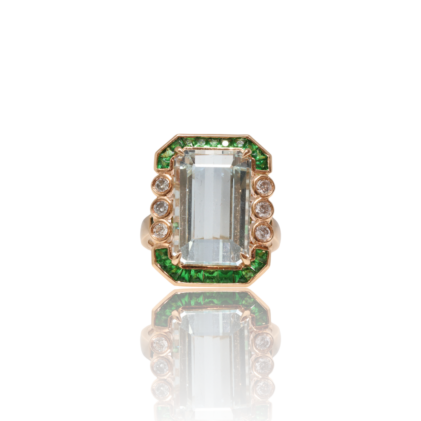 18ct rose gold Aquamarine, Tsavorite Garnet and Diamond ring