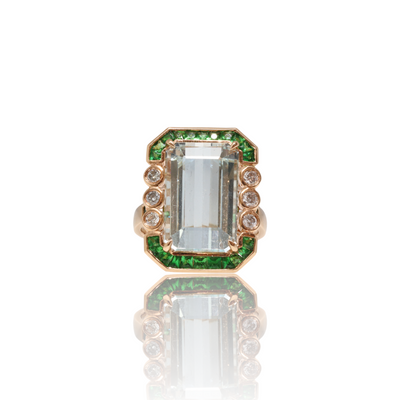 18ct rose gold Aquamarine, Tsavorite Garnet and Diamond ring