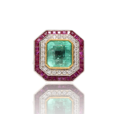Platinum, Emerald, Ruby and Diamond cocktail ring