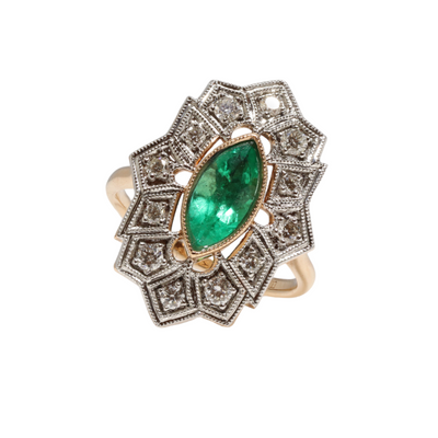 18CT Rose Gold Colombian Marquise Emerald and Diamond Ring