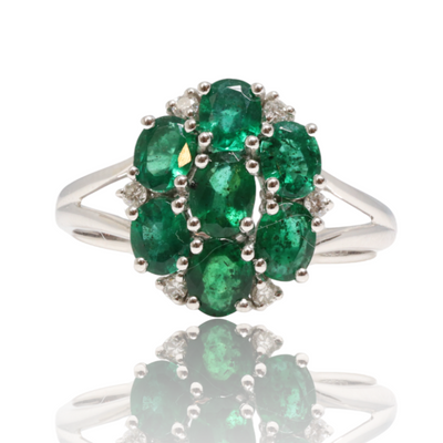 18CT White Gold Seven Stone Emerald and Diamond Ring