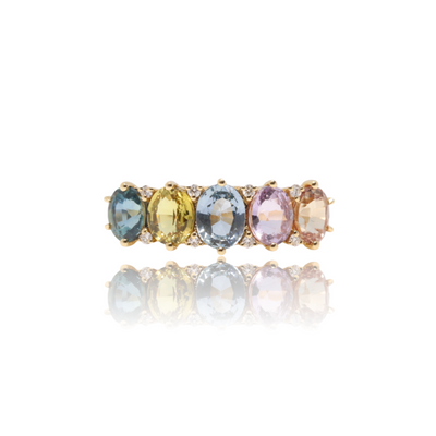 18ct yellow gold (No heat) rainbow Sapphire  and diamond straight eternity ring