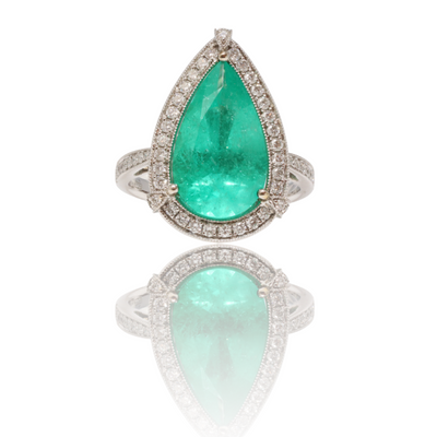 18CT white gold Colombian Pear emerald and diamond ring