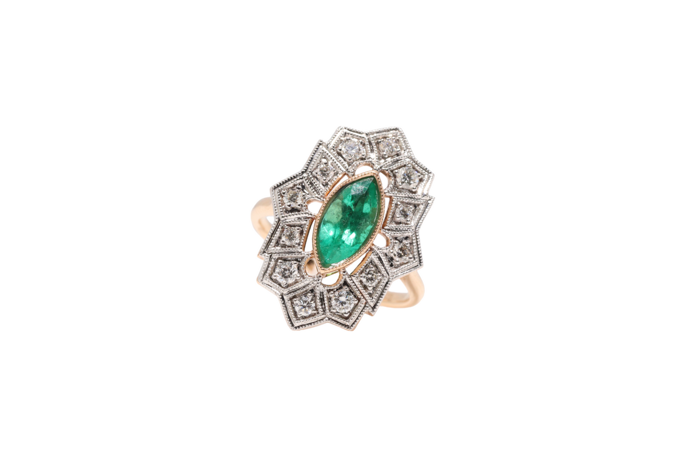 18CT Rose Gold Colombian Marquise Emerald and Diamond Ring