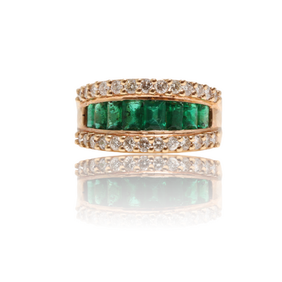18CT Rose Gold Eight Stone Emerald and Diamond Dress Ring