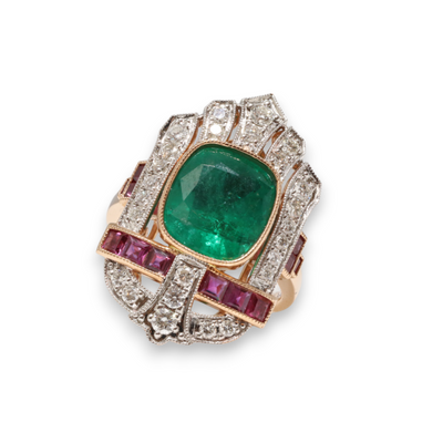 18ct rose gold Emerald, Diamond and Ruby Ring