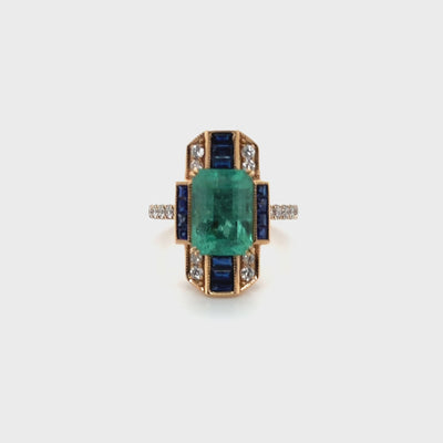 18ct Rose Gold Colombian Emerald , Sapphire and Diamond Ring