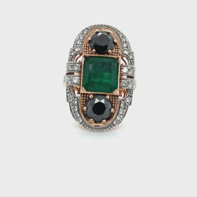 14ct Rose Gold Emerald, Diamond and Black Diamond Ring