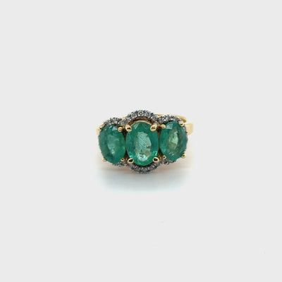 18ct Yellow Gold Emerald Trilogy and Diamond Ring