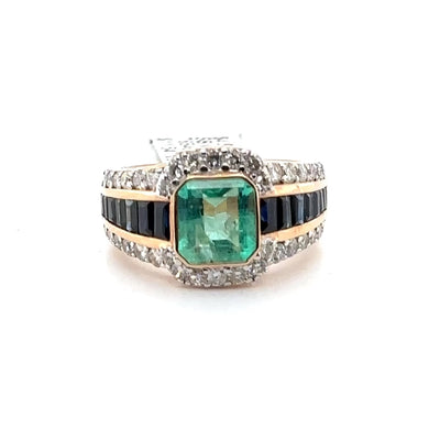 18ct Rose Gold, Colombian Emerald, Sapphires and Diamond ring
