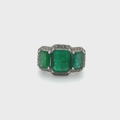 18ct White Gold Emerald and Diamond Trilogy Ring