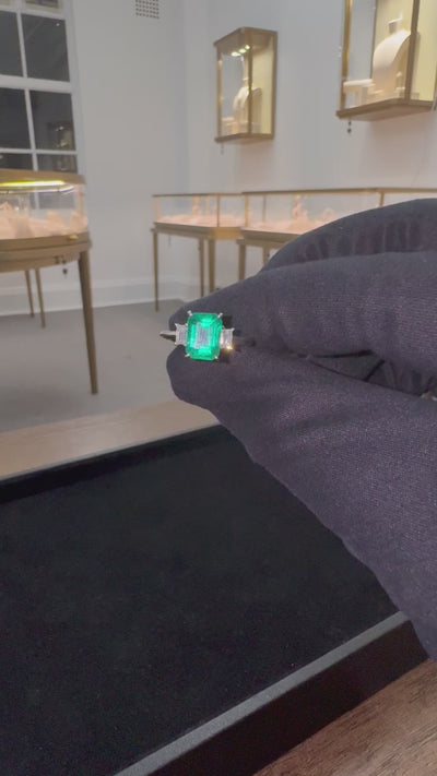 Zambian Emerald and Diamond Baguette Ring in 18ct WG
