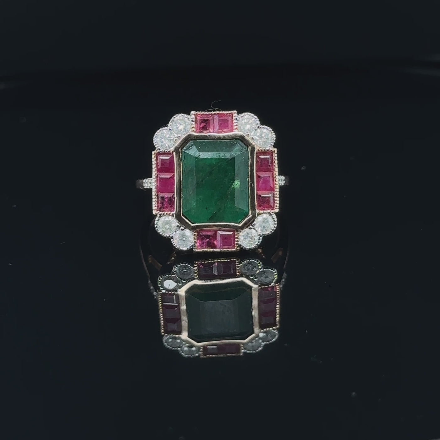 14ct Rose Gold Emerald , Ruby and Diamond Cocktail Ring