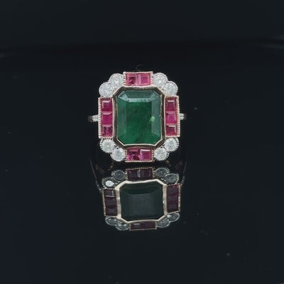 14ct Rose Gold Emerald , Ruby and Diamond Cocktail Ring