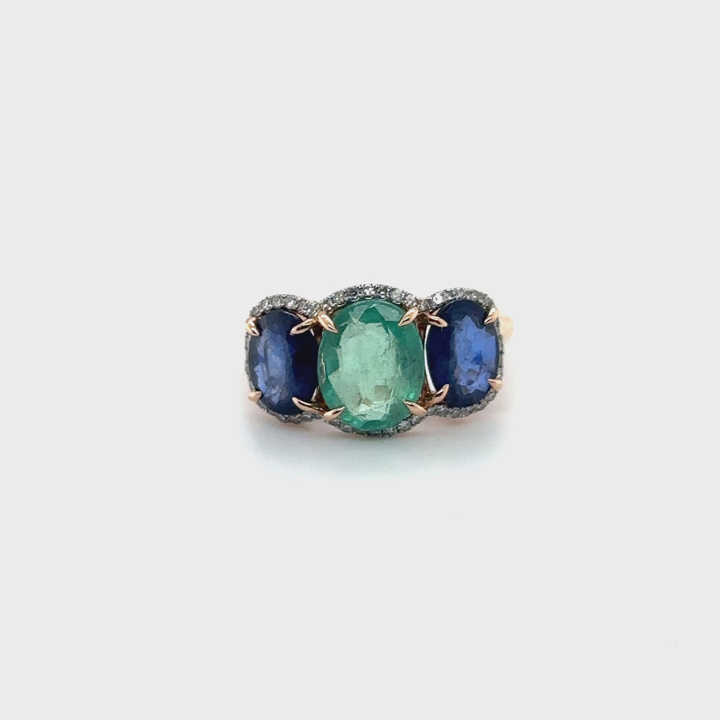 14ct Rose Gold Emerald, Sapphire and Diamond Ring