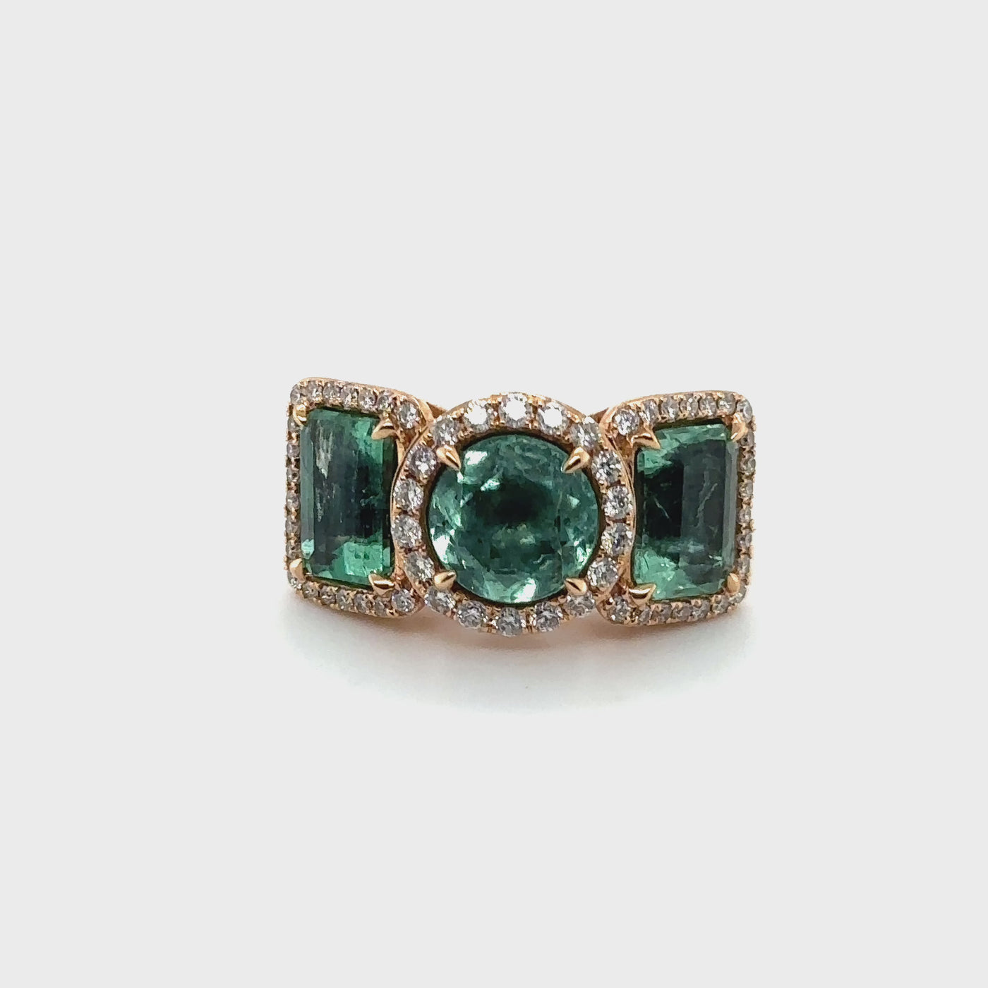 18ct Rose Gold Colombian Emerald and Diamond Trilogy Ring