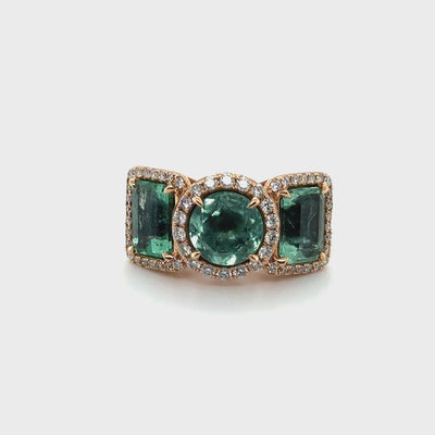 18ct Rose Gold Colombian Emerald and Diamond Trilogy Ring