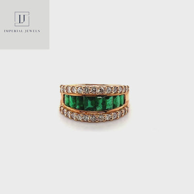 18CT Rose Gold Eight Stone Emerald and Diamond Dress Ring
