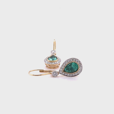 18CT Yellow Gold Pear Cut Colombian Emerald and Diamond Earrings