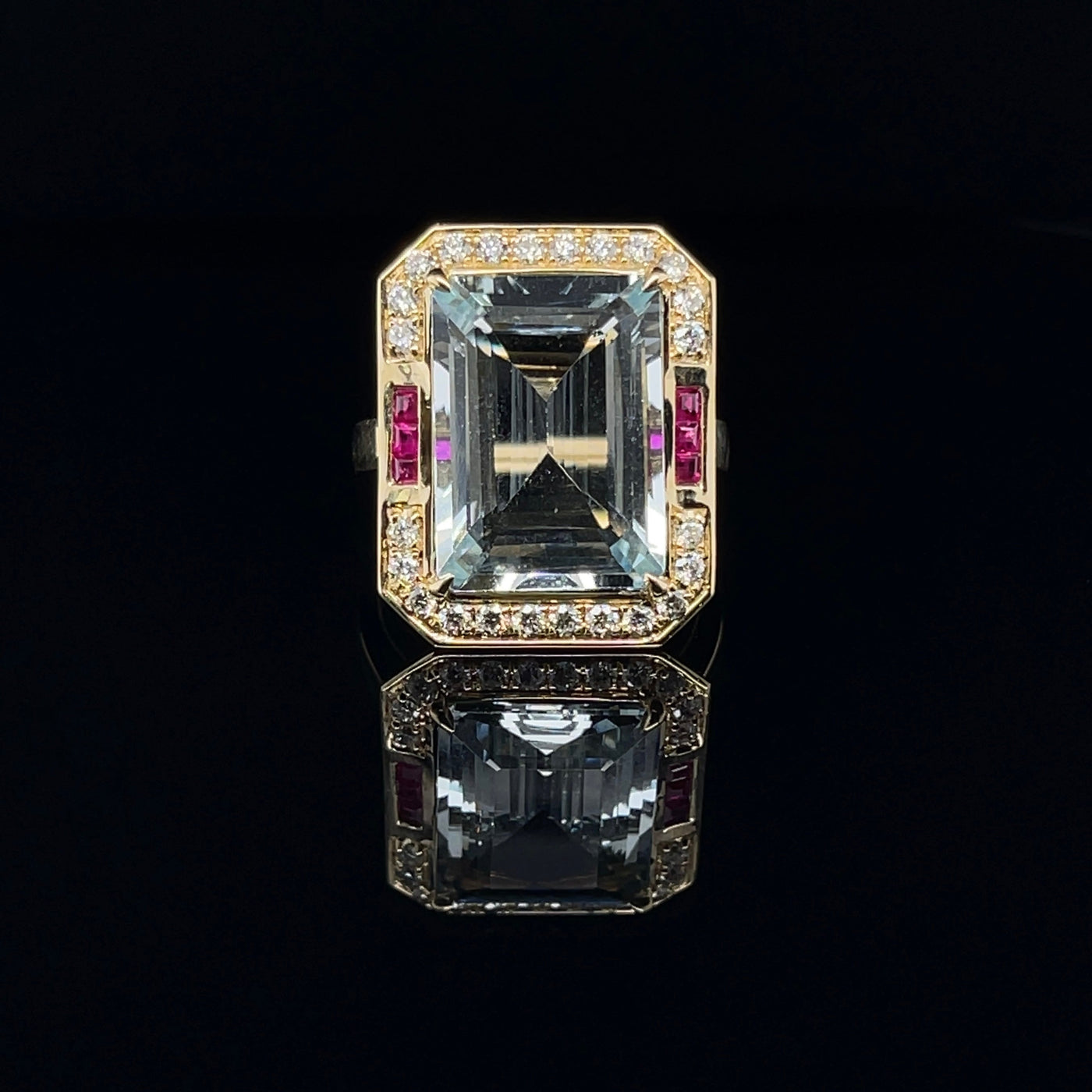 18CT Yellow Gold Aquamarine Ruby and Diamond Ring