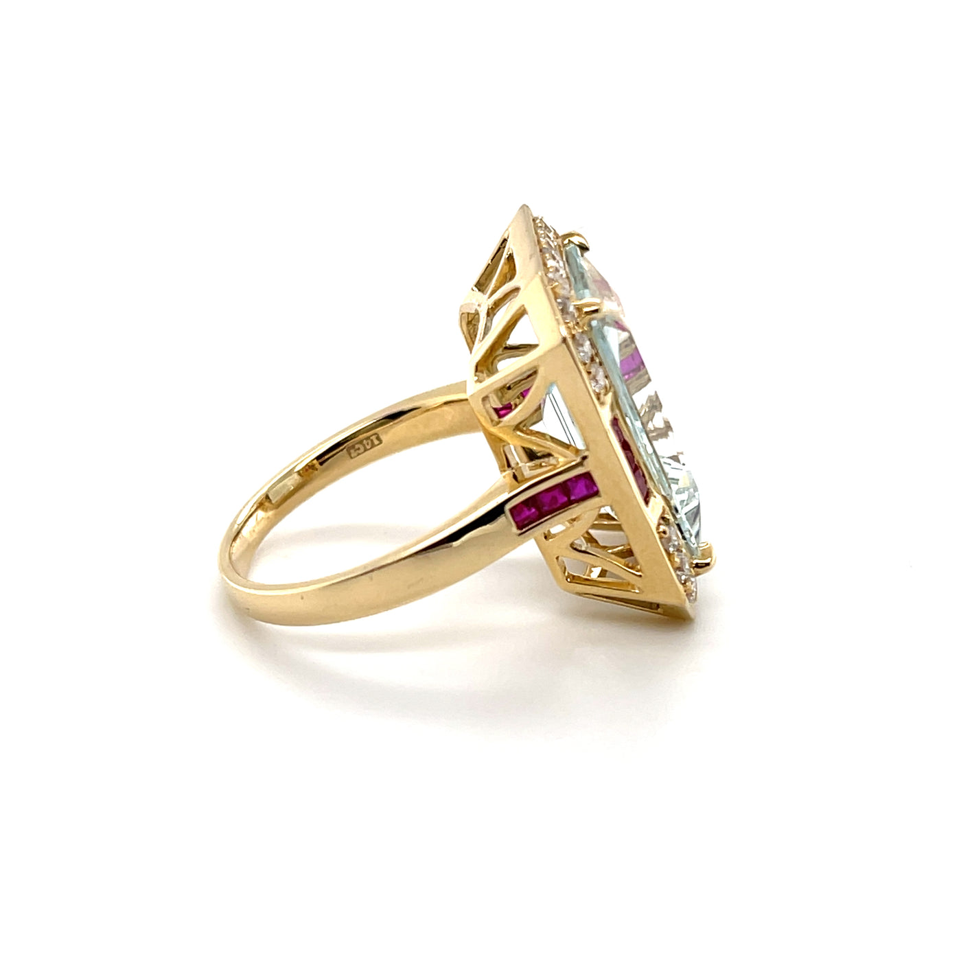 18CT Yellow Gold Aquamarine Ruby and Diamond Ring