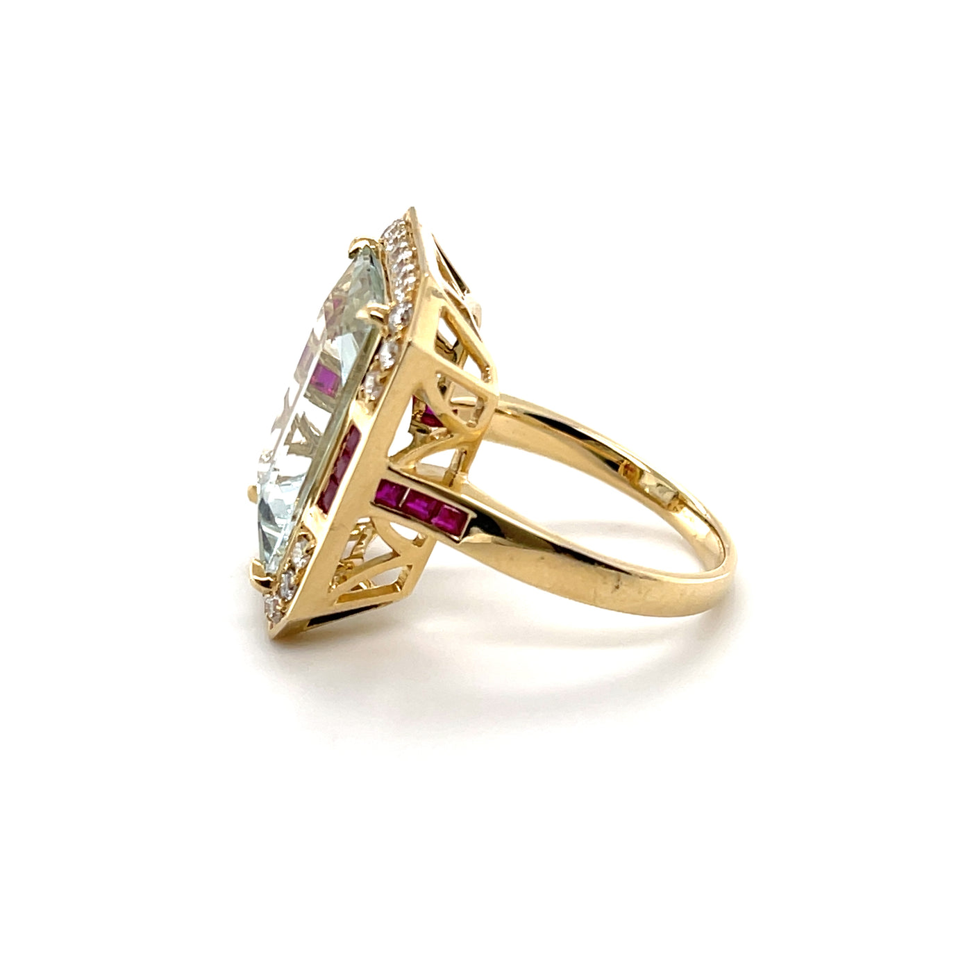 18CT Yellow Gold Aquamarine Ruby and Diamond Ring