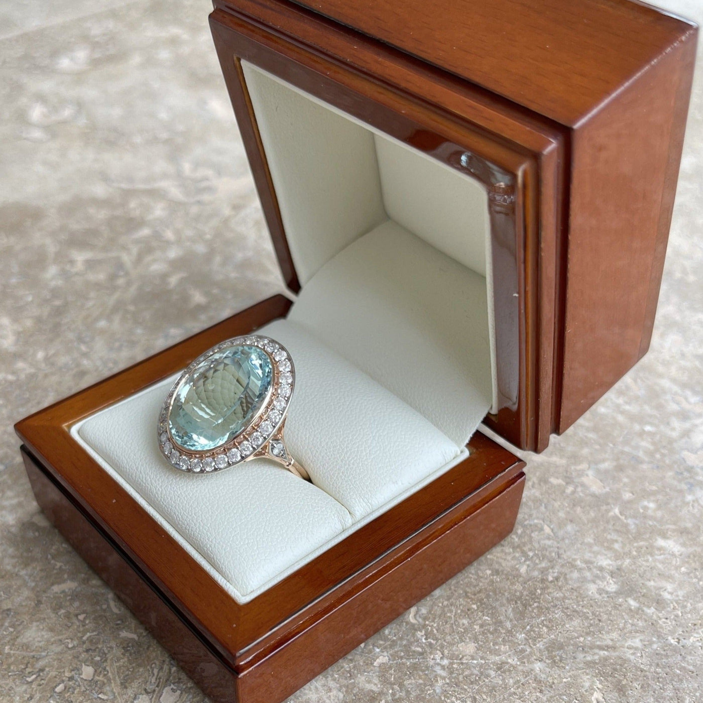 14CT Rose Gold Aquamarine and Diamond Ring