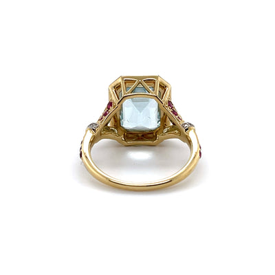 14CT Yellow Gold Aquamarine Ruby and Diamond Ring