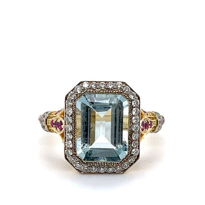 14CT Yellow Gold Aquamarine Ruby and Diamond Ring