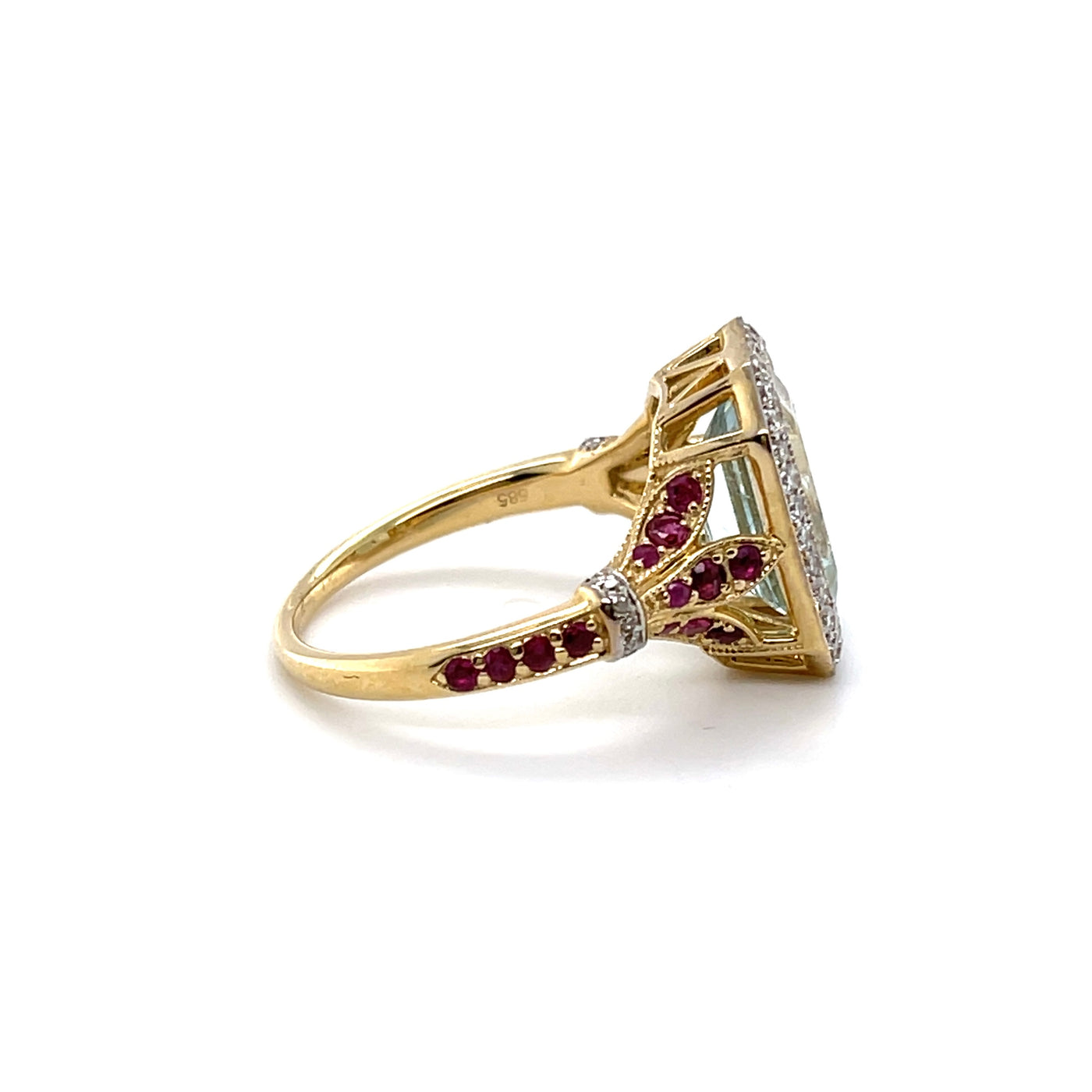 14CT Yellow Gold Aquamarine Ruby and Diamond Ring Imperial Jewels