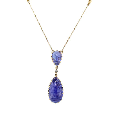 14CT Yellow Gold Double Drop Tanzanite Cabochons Pendant/Necklace