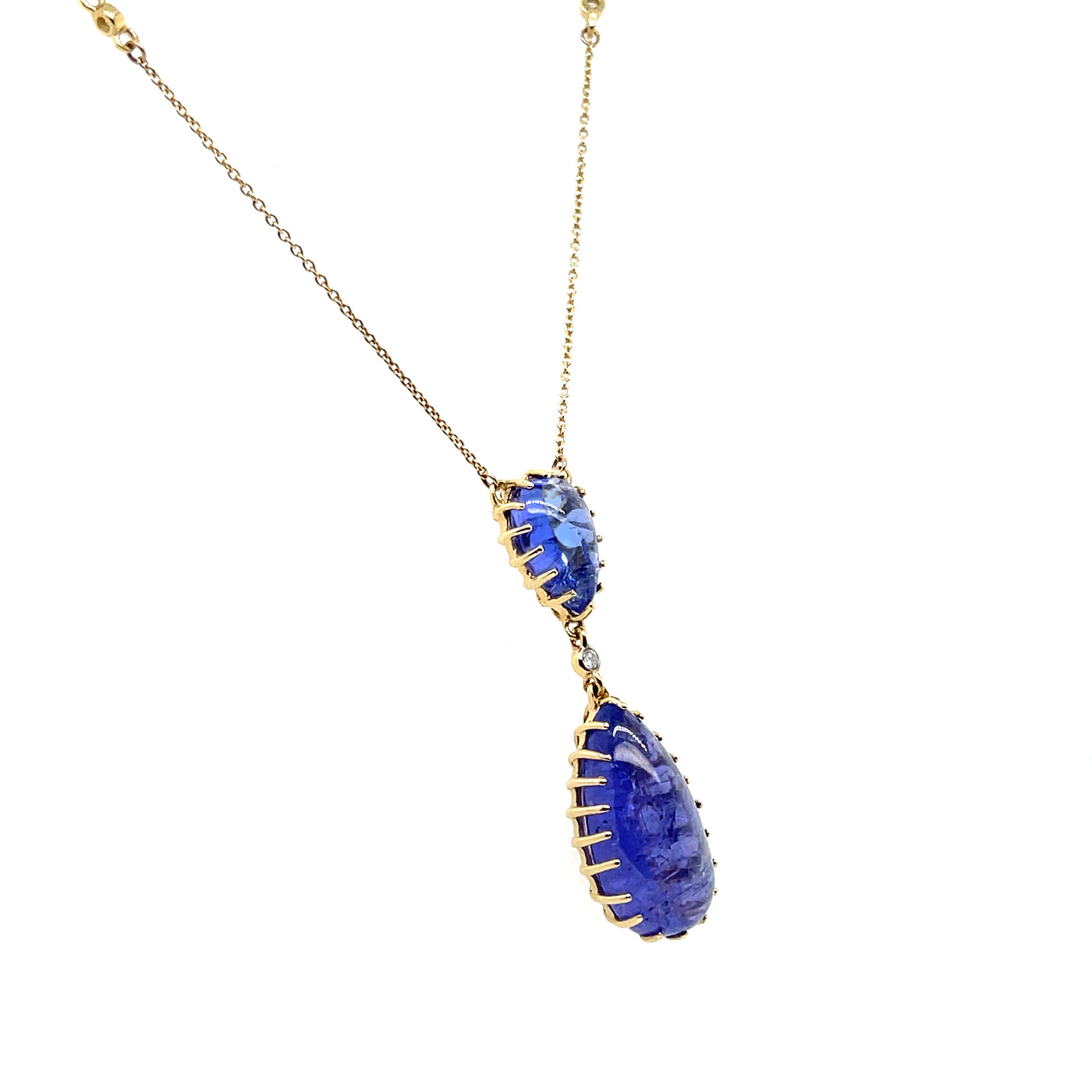 14CT Yellow Gold Double Drop Tanzanite Cabochons Pendant/Necklace