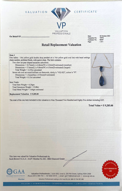 14CT Yellow Gold Double Drop Tanzanite Cabochons Pendant/Necklace