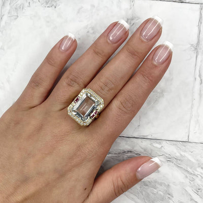 18CT Yellow Gold Aquamarine Ruby and Diamond Ring