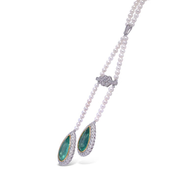 14CT white gold and platinum, Emerald, pearl and diamond necklace