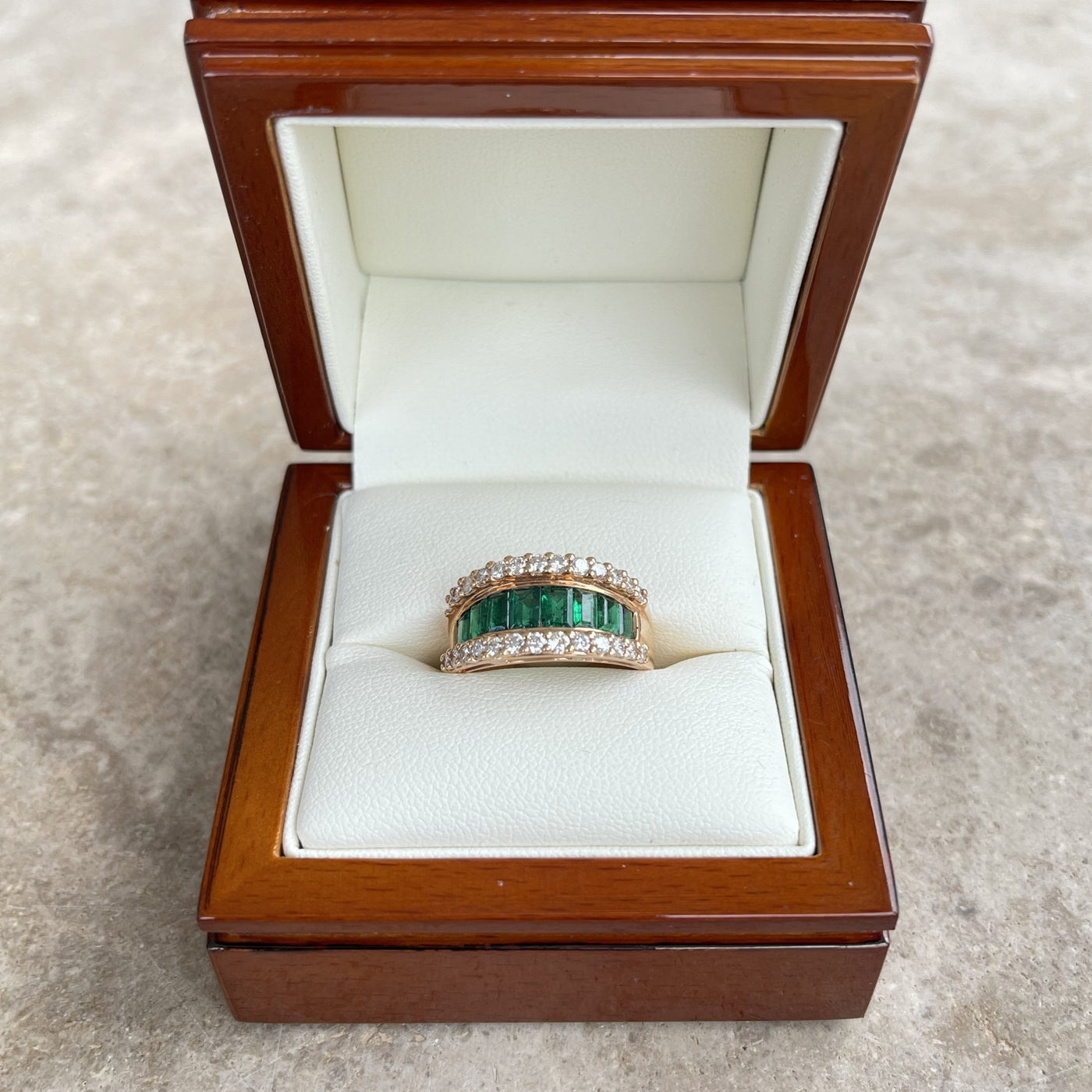 18CT Rose Gold Eight Stone Emerald and Diamond Dress Ring