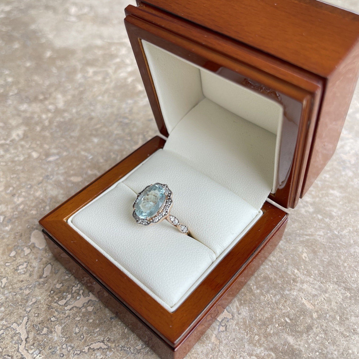 18CT Rose Gold Aquamarine and Diamond Ring