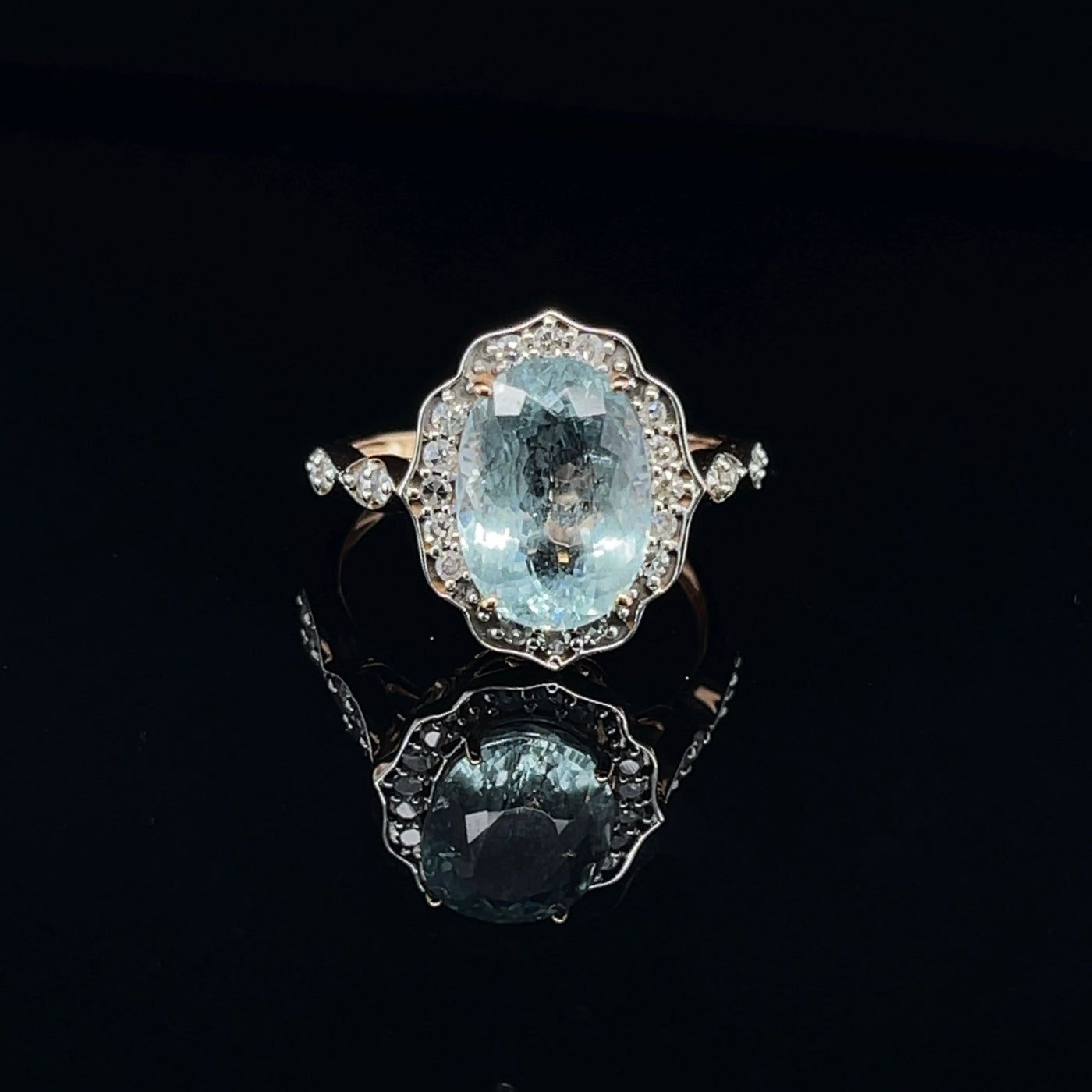 18CT Rose Gold Aquamarine and Diamond Ring