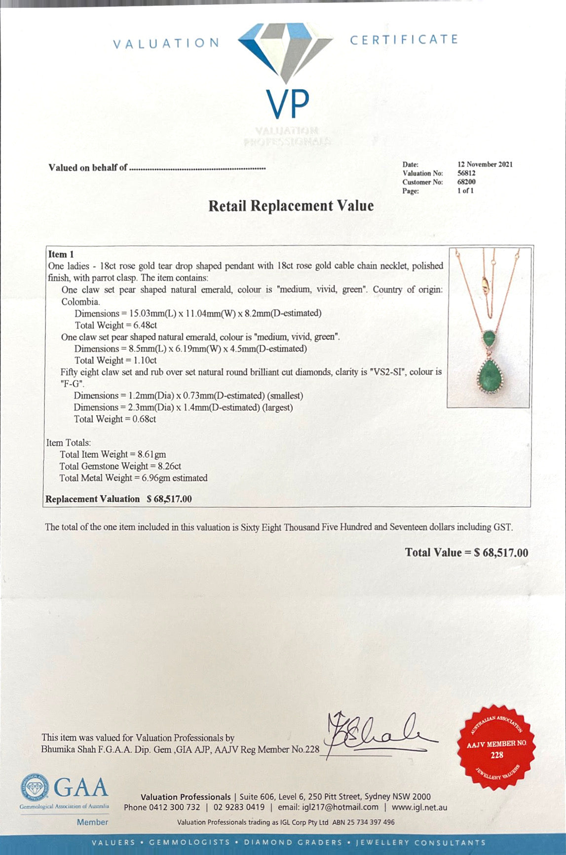 18CT Rose Gold Colombian Emerald and Diamond Pendant and Necklace