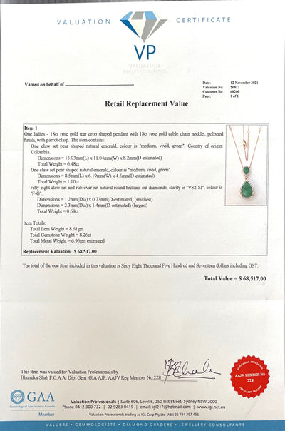 18CT Rose Gold Colombian Emerald and Diamond Pendant and Necklace
