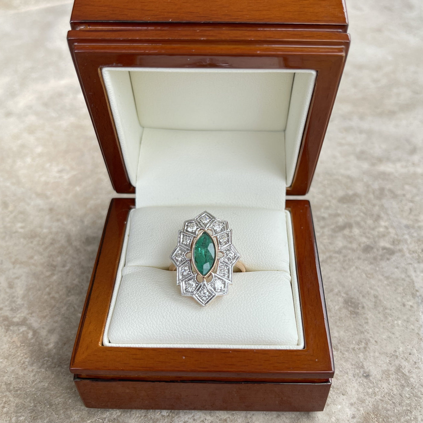 18CT Rose Gold Colombian Marquise Emerald and Diamond Ring