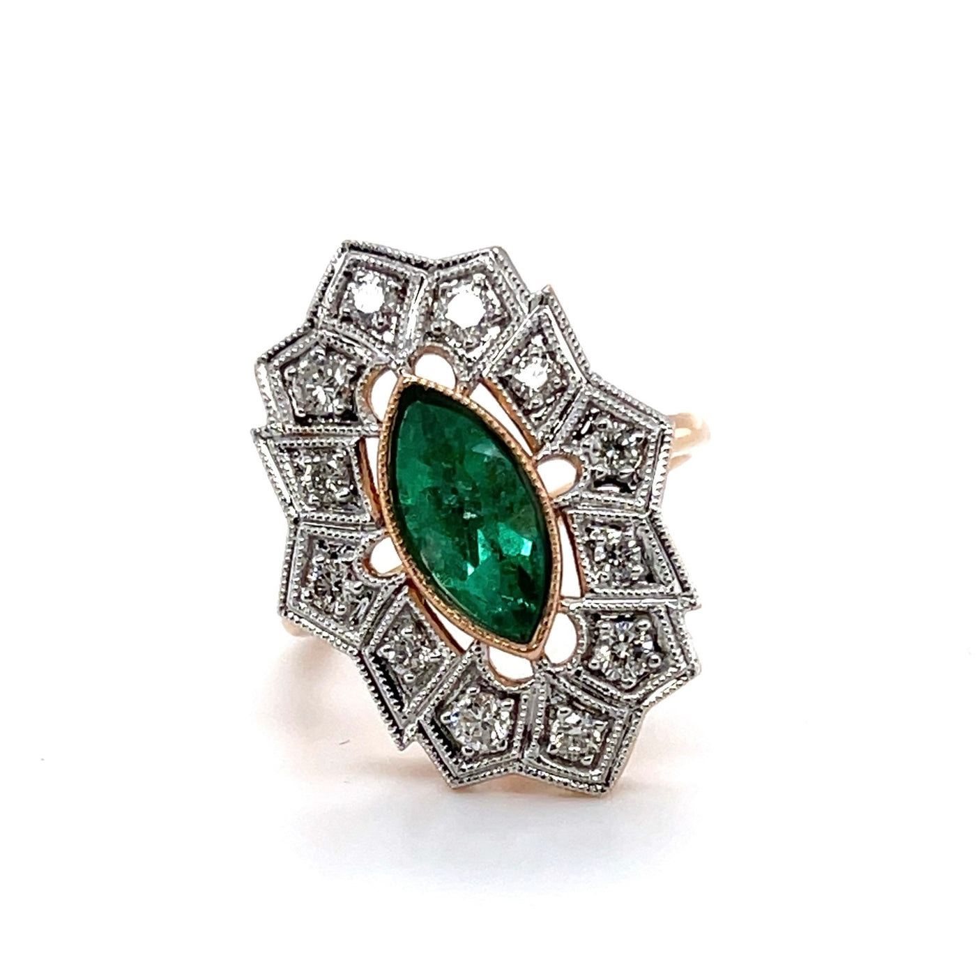 18CT Rose Gold Colombian Marquise Emerald and Diamond Ring